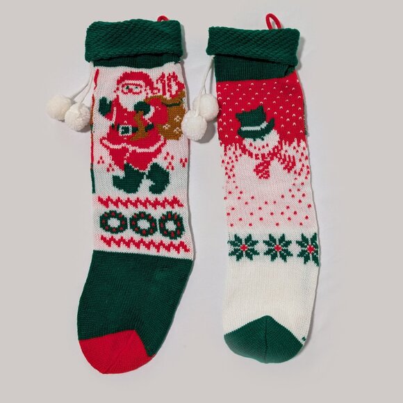 Vintage 2-Pack Christmas Knit Stockings Socks 18" With Pom Poms Santa Snowman - Picture 2 of 2